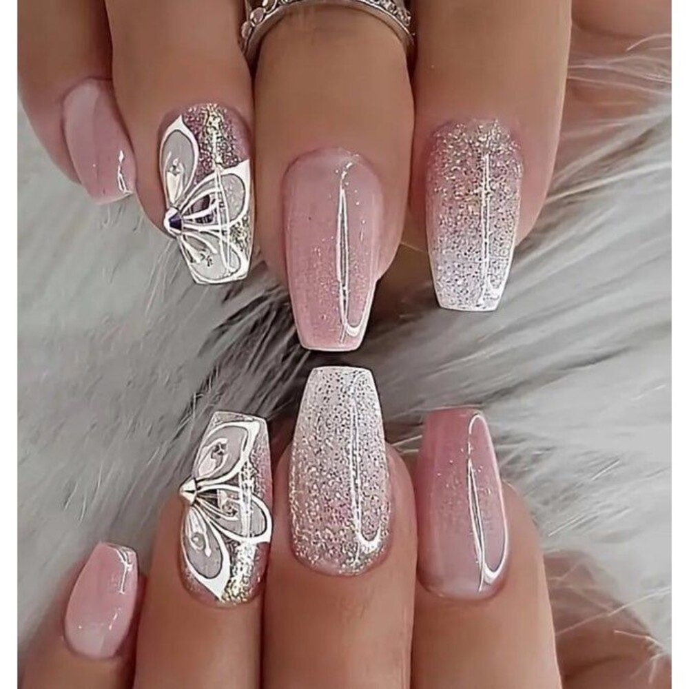 Butterfly Blush: 24pcs Glitter Press-On Nails Set